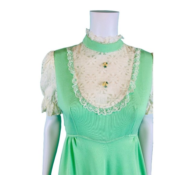 Vintage 70s Mint Dress Womens Small Green Polyester Lace Yoke Mod Babydoll - Picture 5 of 10